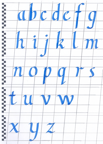 An italic calligraphy alphabet specimen showing lowercase letters